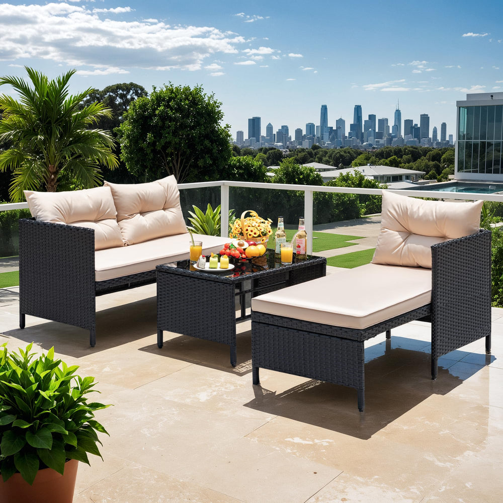 3-Piece L-Shaped Outdoor Rattan Sectional Sofa Set with Glass Table