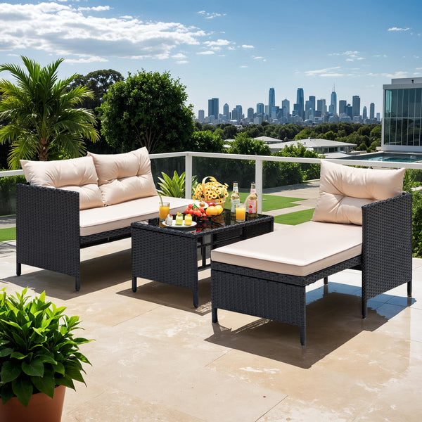 3-Piece L-Shaped Outdoor Rattan Sectional Sofa Set with Glass Table