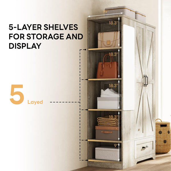 Armoire Wardrobe Closet with Mirror, 2 Doors, Drawer & Shelves – 70"