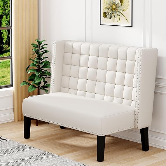 Yongqiang Modern Tufted Loveseat Settee, Upholstered Bench with Back for Kitchen Dining Room Living Room, Linen High Back Banquette Seating Sofa Couch with Wood Legs Grey