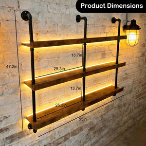 55" Wall Mounted Wine Rack with LED Lights – 3-Tier Industrial Floating Shelf
