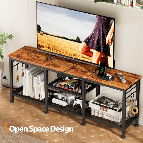 TV Stand with Power Outlets & Open Storage Shelves for 55 Inch TVs
