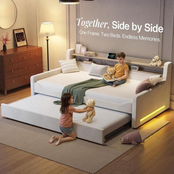 Twin Daybed with Trundle, Upholstered Velvet Bed Frame, LED Night Light, Storage Headboard, USB Charging