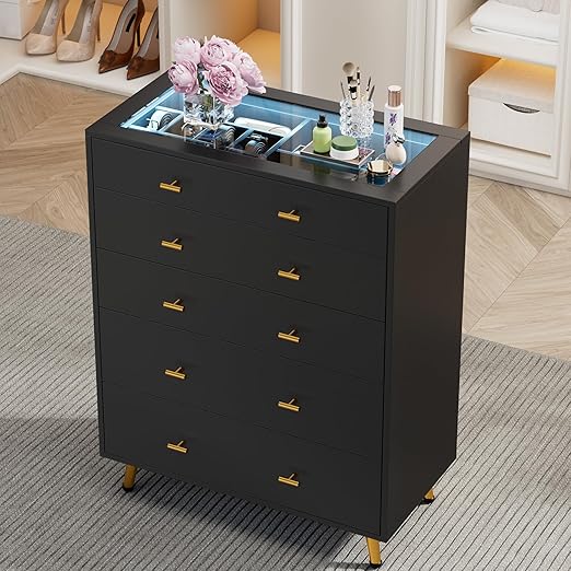 5-Drawer Dresser with LED Lights and Tempered Glass Top