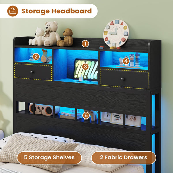 Twin Bed Frame with Headboard, LED Lights & Charging Station
