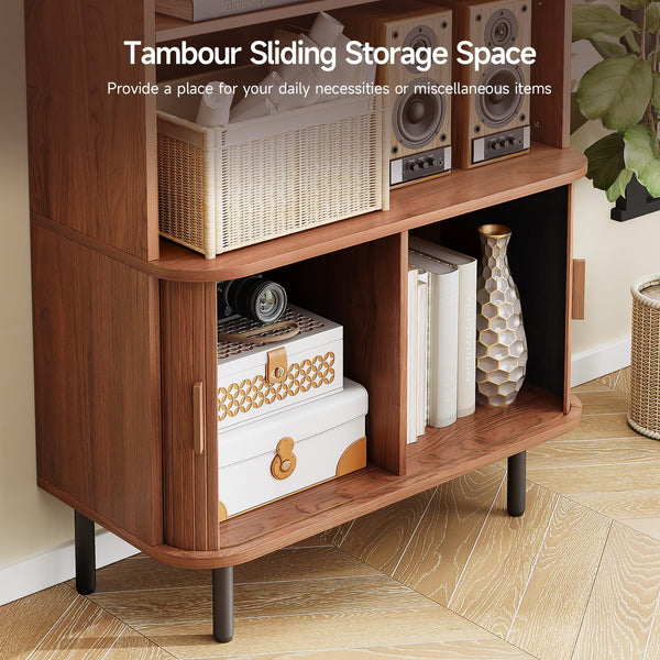 71" 4-Tier Bookshelf with Sliding Door Storage Cabinet