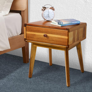 Mid-Century Acacia Wood Nightstand with Drawer