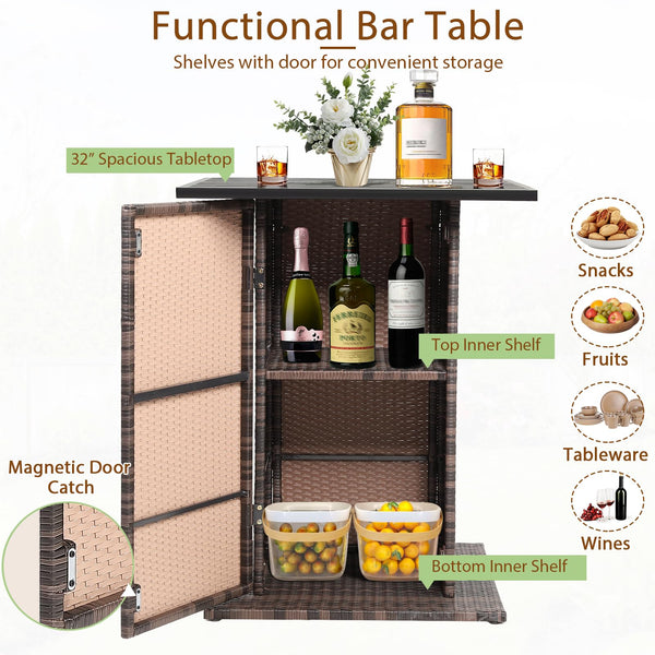 5-Piece Outdoor Wicker Bar Set with 4 Stools & Hidden Storage