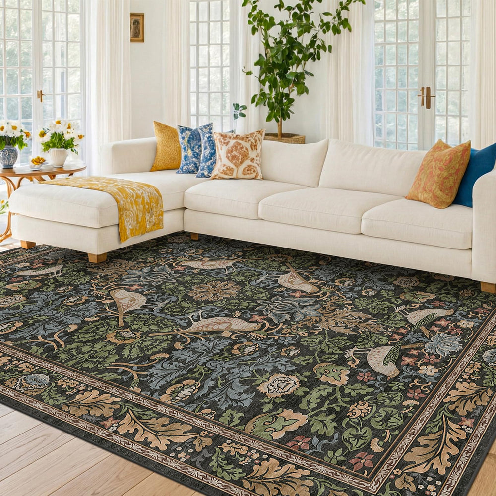 Vintage Floral Bird Area Rug 8x10 – Washable, Non-Slip, Low Pile
