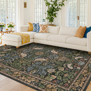 Vintage Floral Bird Area Rug 8x10 – Washable, Non-Slip, Low Pile