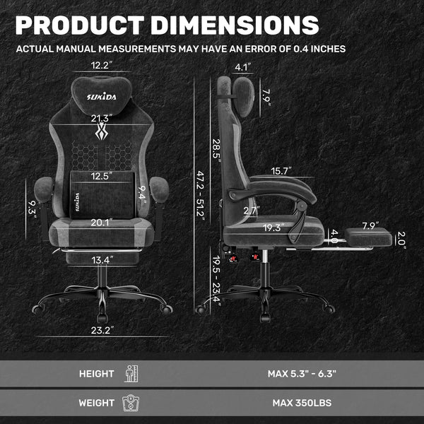 SUKIDA Fabric Video Gaming Chair, Ergonomic High-Back Computer Game Chairs with Large Massage Adjustable Lumbar Support, Headrest and Linked Armrests for Long Hours Sitting Task Chair, Black