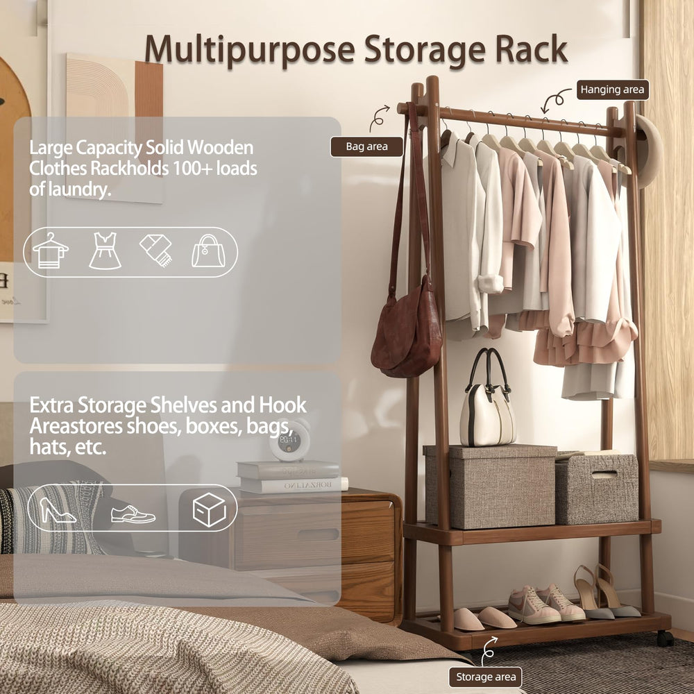 Freestanding Wooden Clothing Rack with Wheels