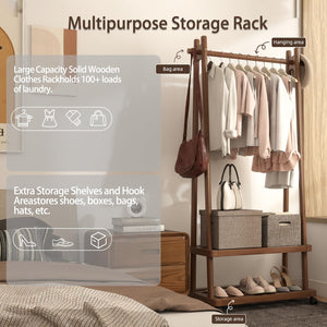 Freestanding Wooden Clothing Rack with Wheels