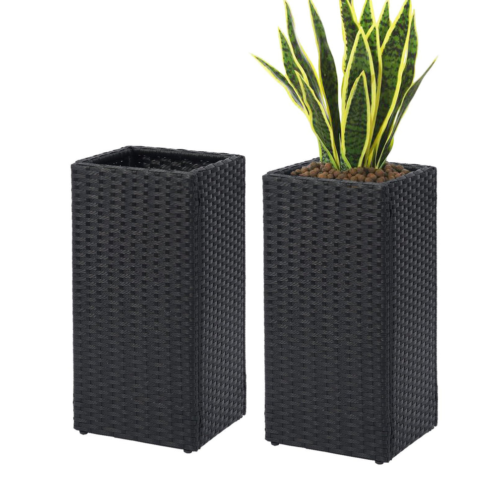 Tall Square Rattan Planter Box Set of 2 with Removable Liner – 12x12x24 Inch