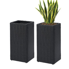 Tall Square Rattan Planter Box Set of 2 with Removable Liner – 12x12x24 Inch