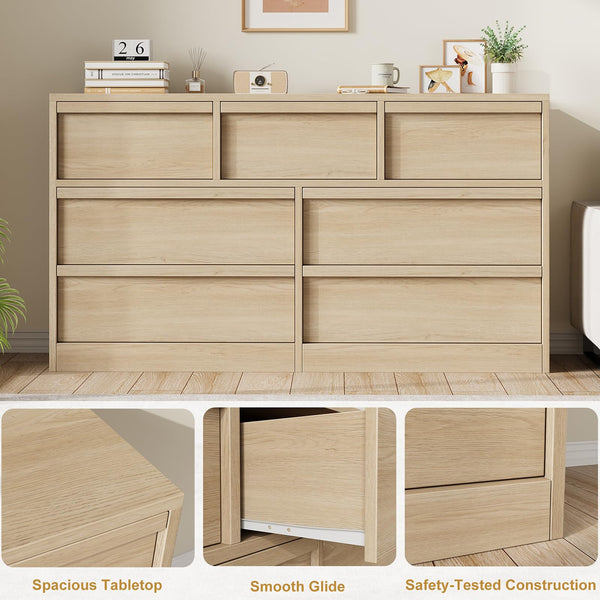 7-Drawer Dresser, 54" Wide, Natural Oak