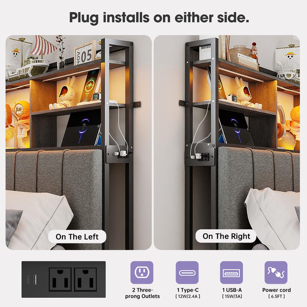 Tall Headboard with Storage Shelves, USB Charging & LED Light
