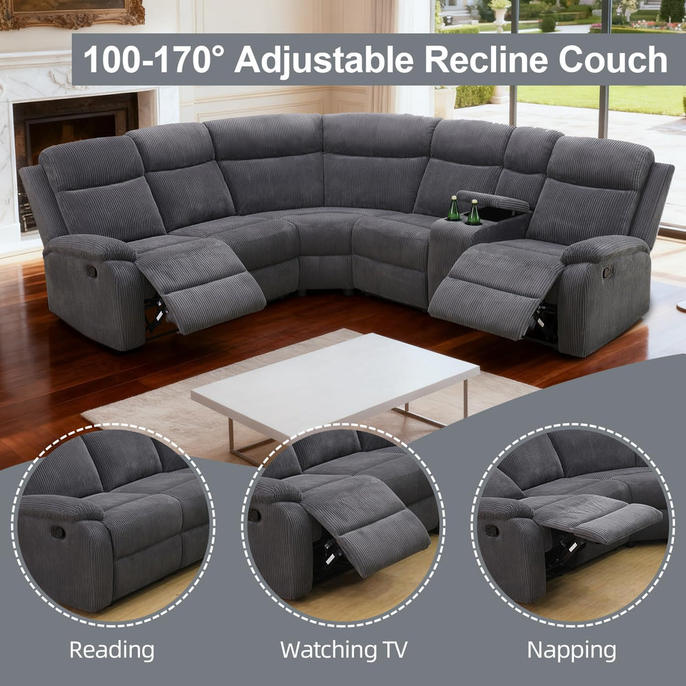 L-Shaped Manual Reclining Sectional Sofa with Storage & Cup Holders