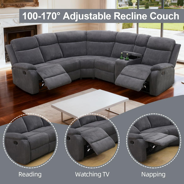 L-Shaped Manual Reclining Sectional Sofa with Storage & Cup Holders