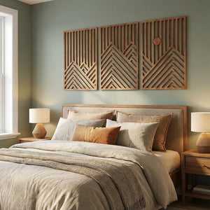 Wood Mountain Wall Sculptures Set of 3 – 36x24 Inch 3D Rustic Sun Art Decor