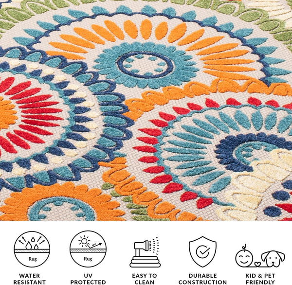 10x14 Indoor Outdoor Area Rug – Floral Geometric, Washable, Non-Shedding