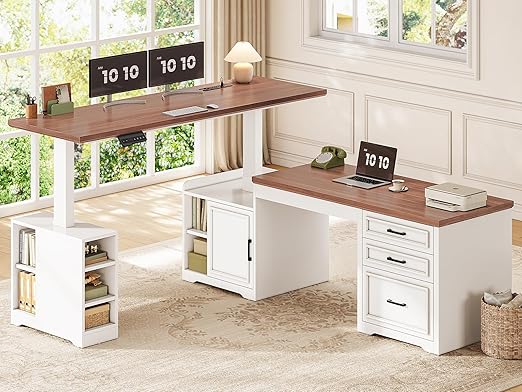 L-Shaped Electric Standing Desk with Drawers, Shelves & Power Outlet