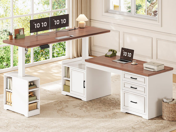 L-Shaped Electric Standing Desk with Drawers, Shelves and Power Outlet