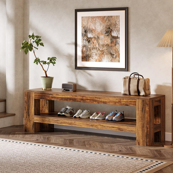59" Entryway Bench with Storage Shelf, Rustic Brown