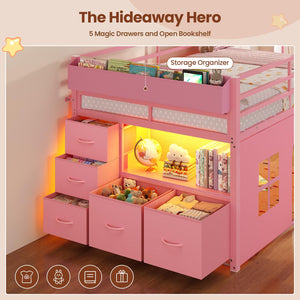 Kids Twin Low Loft Bed with Tent, Drawers & LED Lights