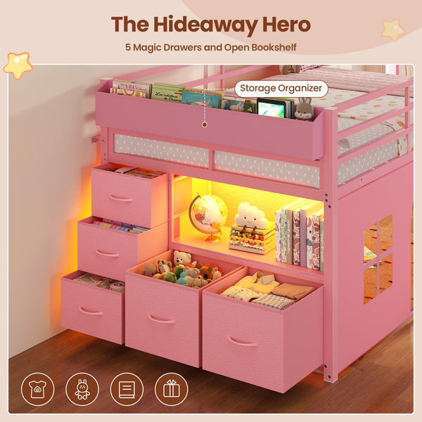 Kids Twin Low Loft Bed with Tent, Drawers & LED Lights