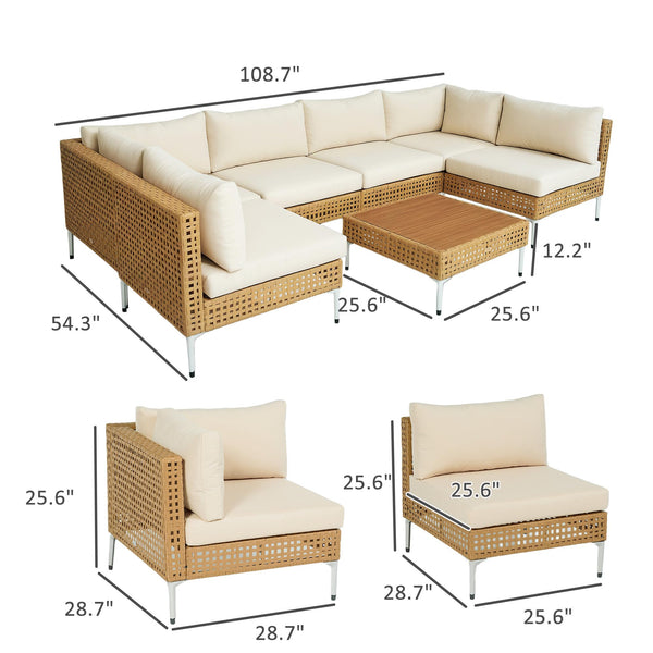 7-Piece Wicker Outdoor Sectional Patio Set with Cushions & Acacia Wood Table