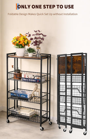 4-Tier Foldable Storage Cart with Lockable Casters