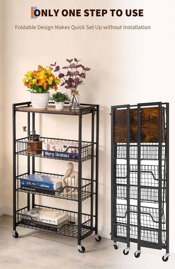 4-Tier Foldable Storage Cart with Lockable Casters