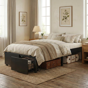 Bed Frame with 2 Storage Drawers and Wooden Slats, No Box Spring Needed