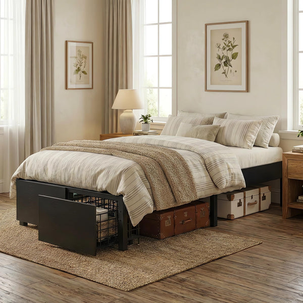 Bed Frame with 2 Storage Drawers and Wooden Slats, No Box Spring Needed