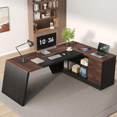 L-Shaped Executive Desk 78-Inch with Power Outlet & File Cabinet