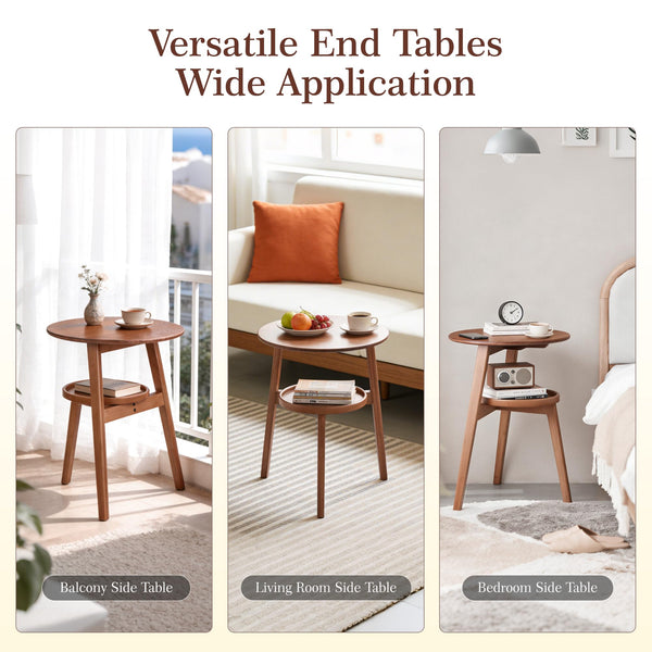 Bamboo Round 2-Tier End Table with Storage Shelf