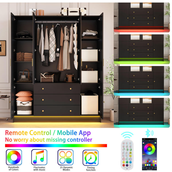 LED Armoire Wardrobe Closet with Mirror & Drawers