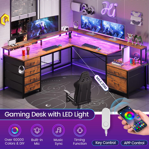 L-Shaped Desk with 6 Drawers, Monitor Shelf, Power Outlets & LED Lights