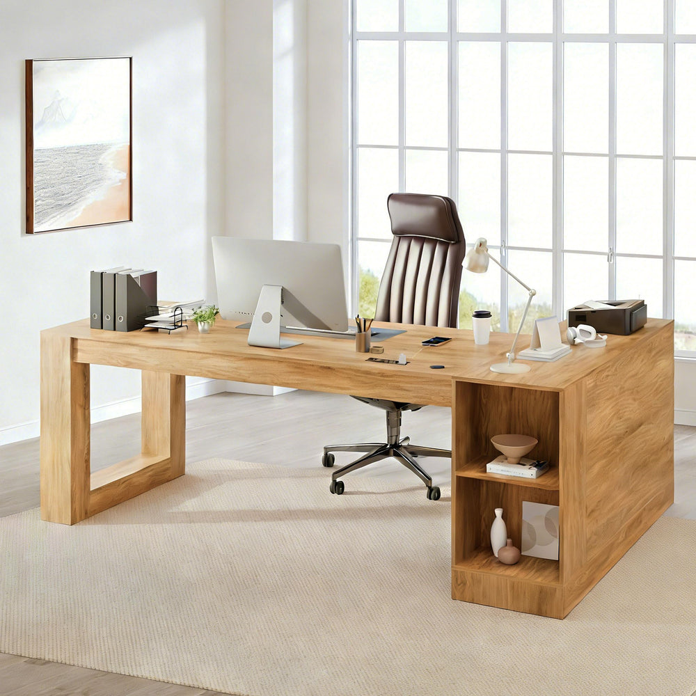 L-Shaped Executive Desk with Drawers, File Cabinet & Power Outlet – Walnut