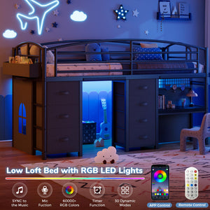 Kids Twin Low Loft Bed with Storage Drawers, Desk & LED Lights