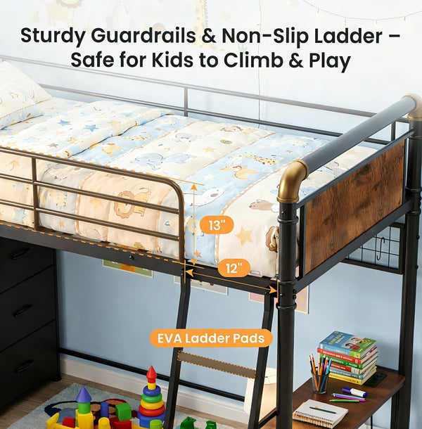 Twin Loft Bed with Desk, Storage & USB Charging