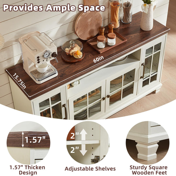 Farmhouse Sideboard Buffet Cabinet with Glass Doors