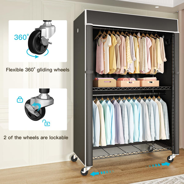 Rolling Clothes Rack with Dustproof Cover & Wire Shelves