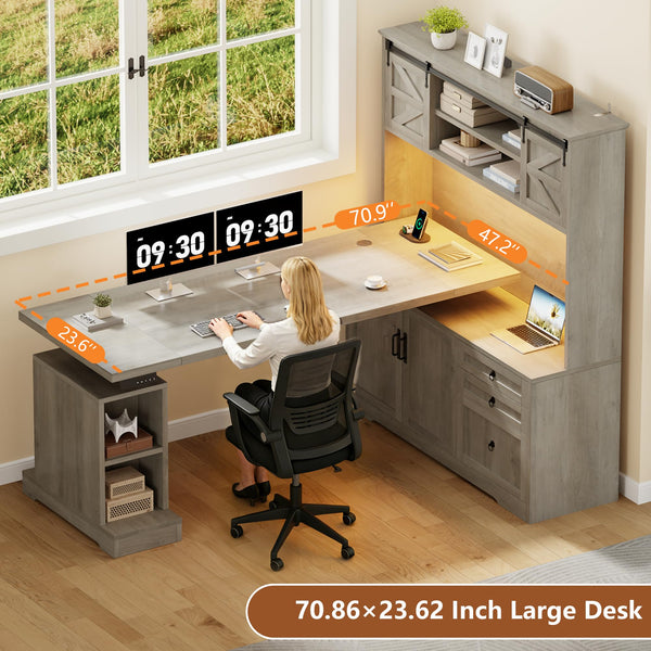L-Shaped Electric Standing Desk with Hutch