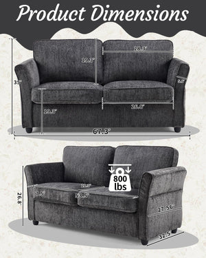 67" Chenille Loveseat Sofa with Removable Covers & Solid Wood Frame
