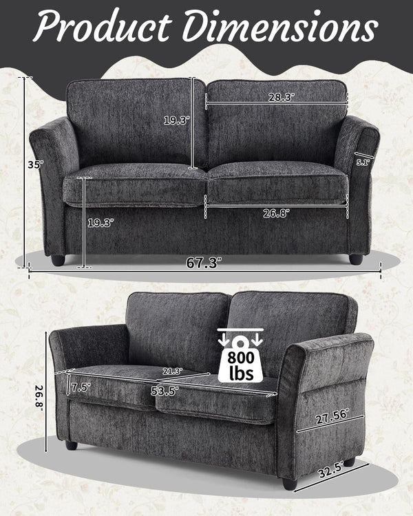 67" Chenille Loveseat Sofa with Removable Covers & Solid Wood Frame