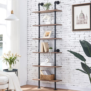 6-Tier Industrial Ladder Bookshelf with Metal Frame