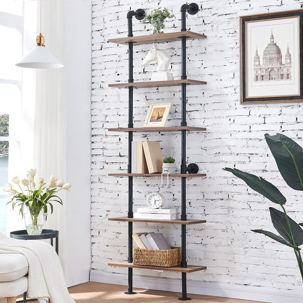 6-Tier Industrial Ladder Bookshelf with Metal Frame