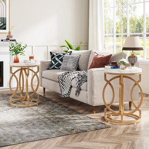 Round End Table Set of 2 – Faux Marble White & Gold Metal Base